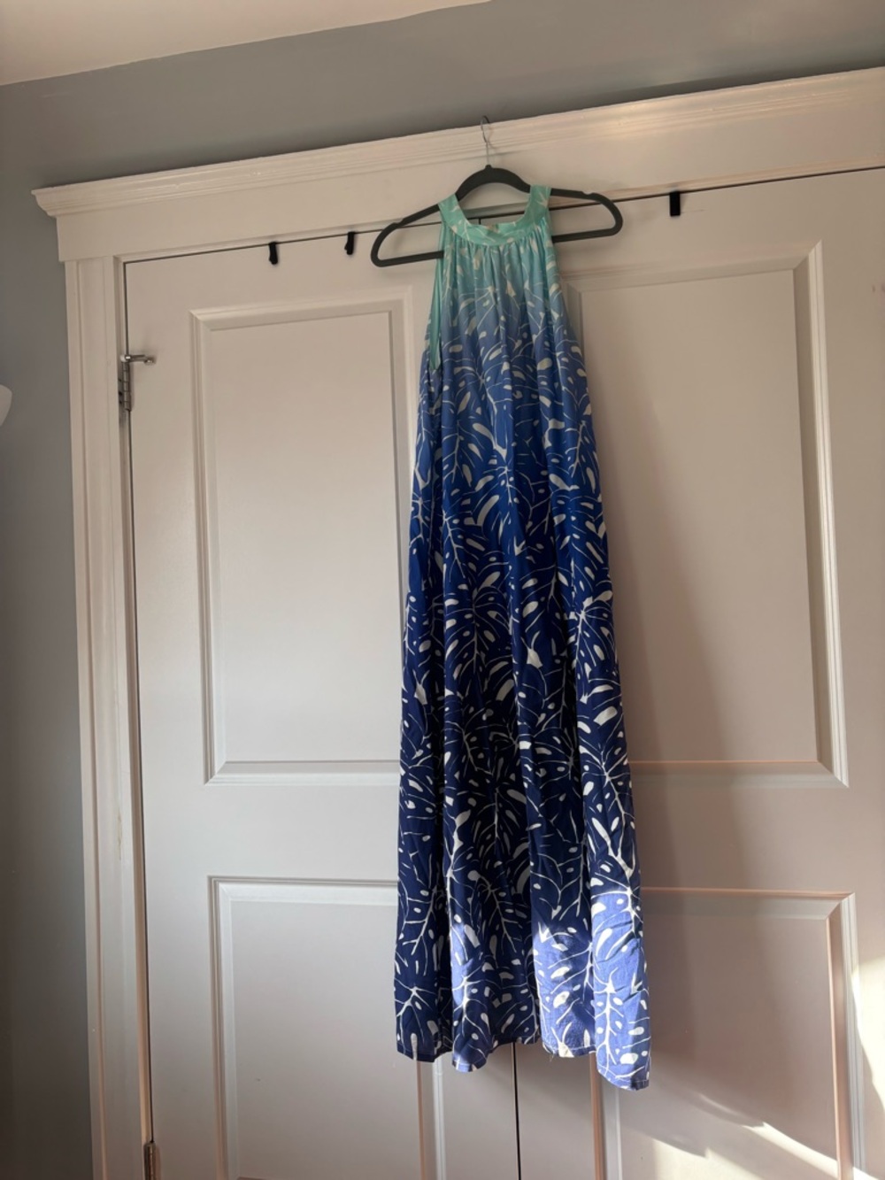 Vineyard Vines Blue Ombre Halter Maxi Dress with White Leaf Print